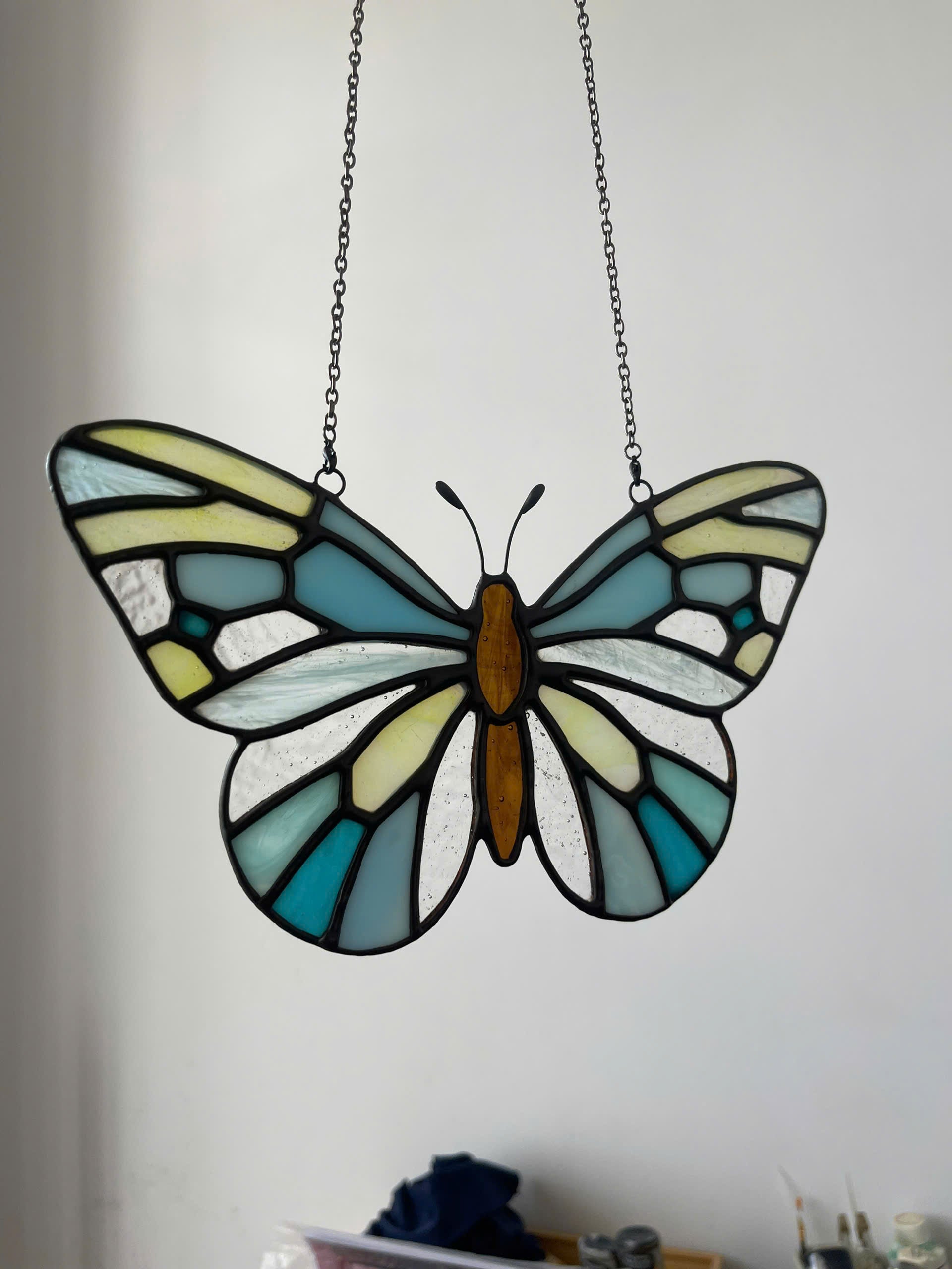 Ethereal Blue Stained Glass Butterfly Suncatcher