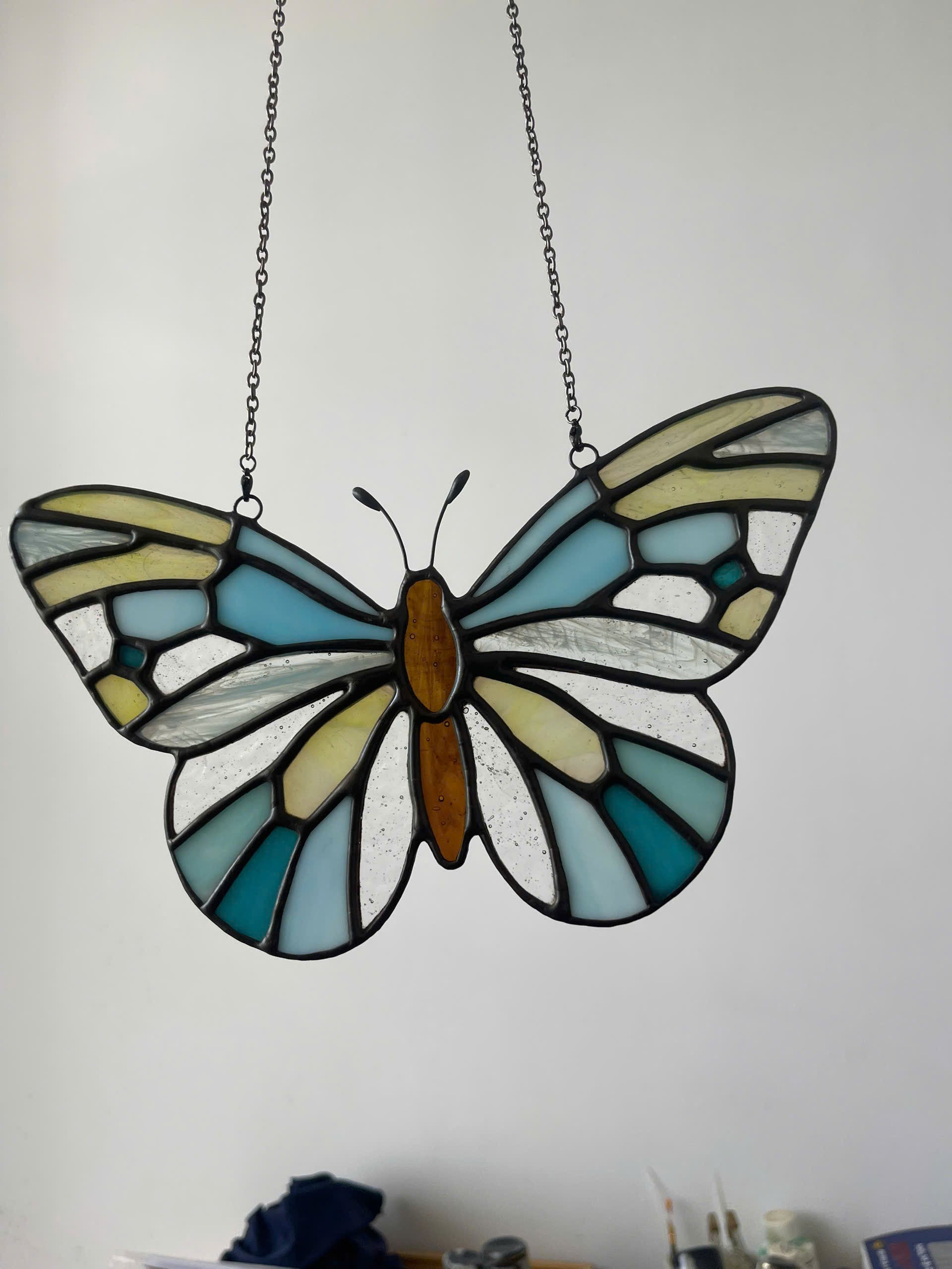Ethereal Blue Stained Glass Butterfly Suncatcher