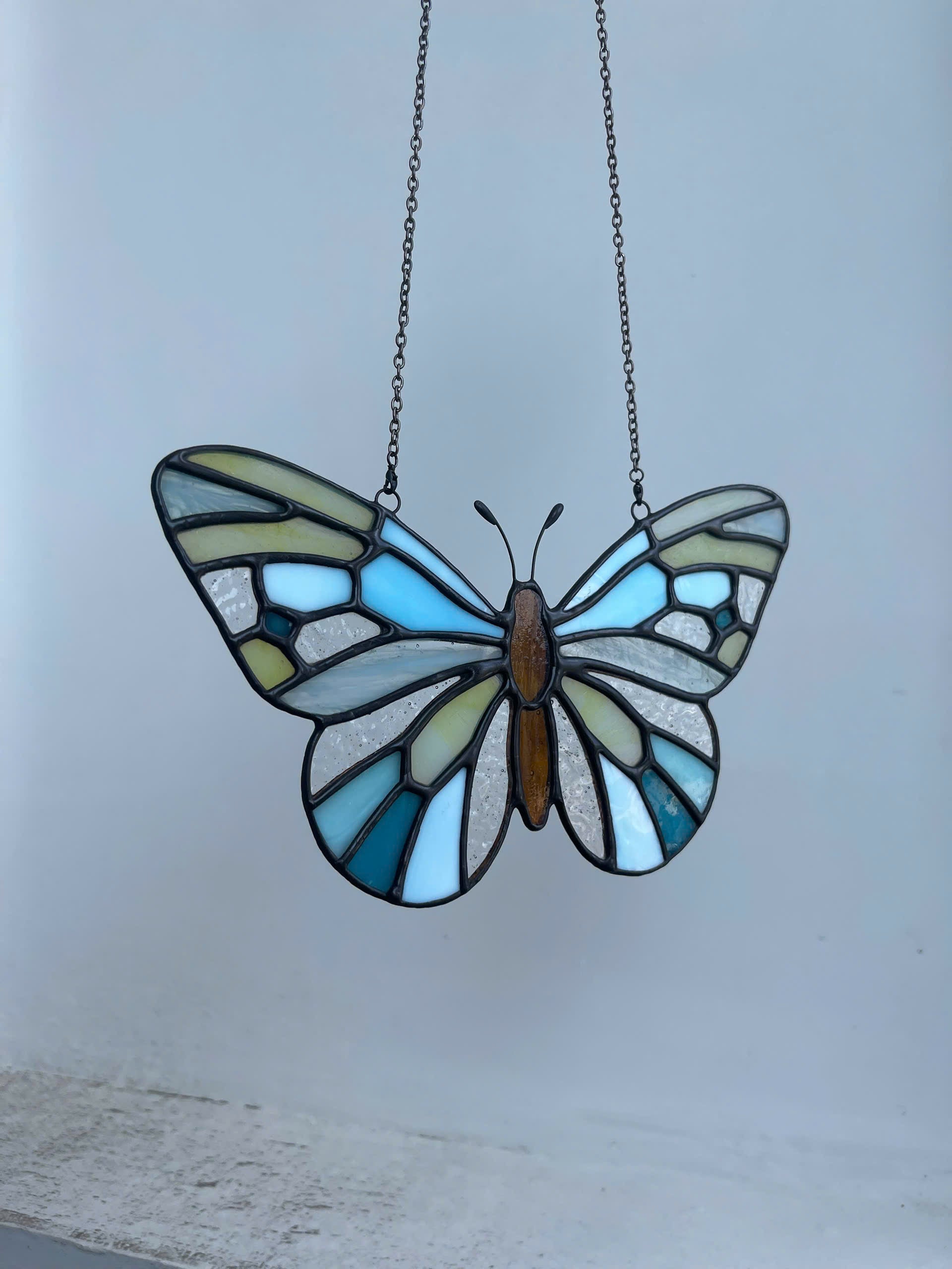 Ethereal Blue Stained Glass Butterfly Suncatcher