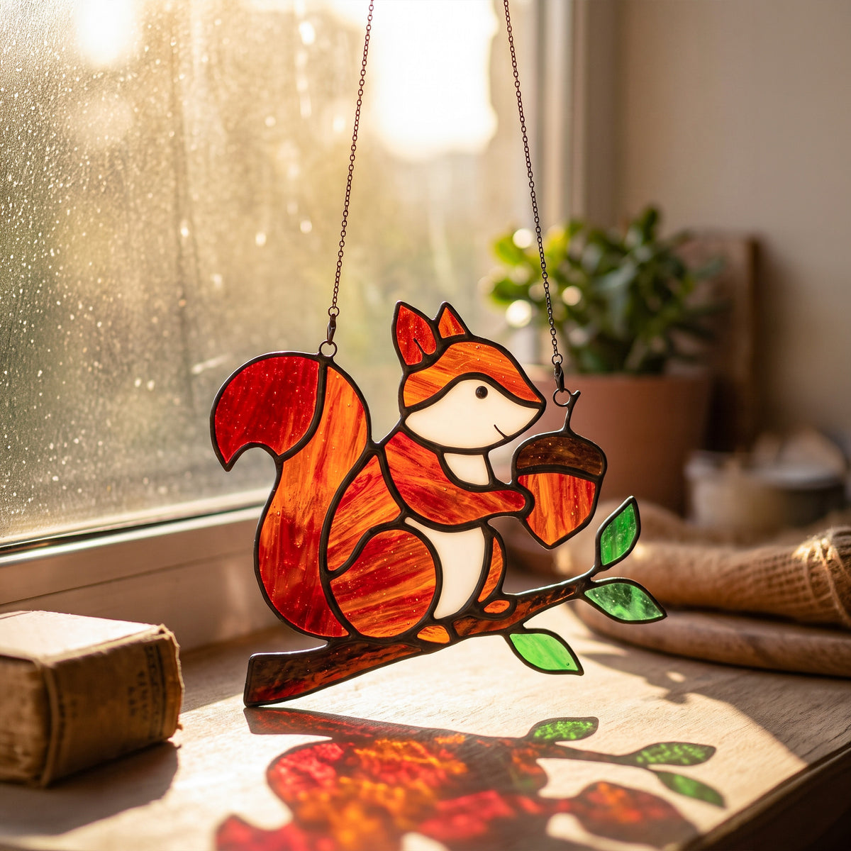 Whimsical Stained Glass Squirrel Suncatcher – Handcrafted Woodland Window & Car Decor