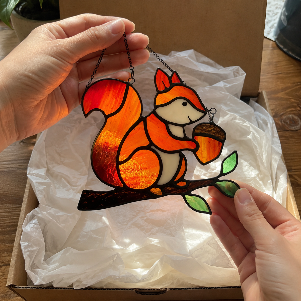 Whimsical Stained Glass Squirrel Suncatcher – Handcrafted Woodland Window & Car Decor