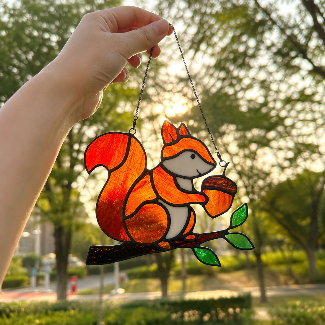Whimsical Stained Glass Squirrel Suncatcher – Handcrafted Woodland Window & Car Decor