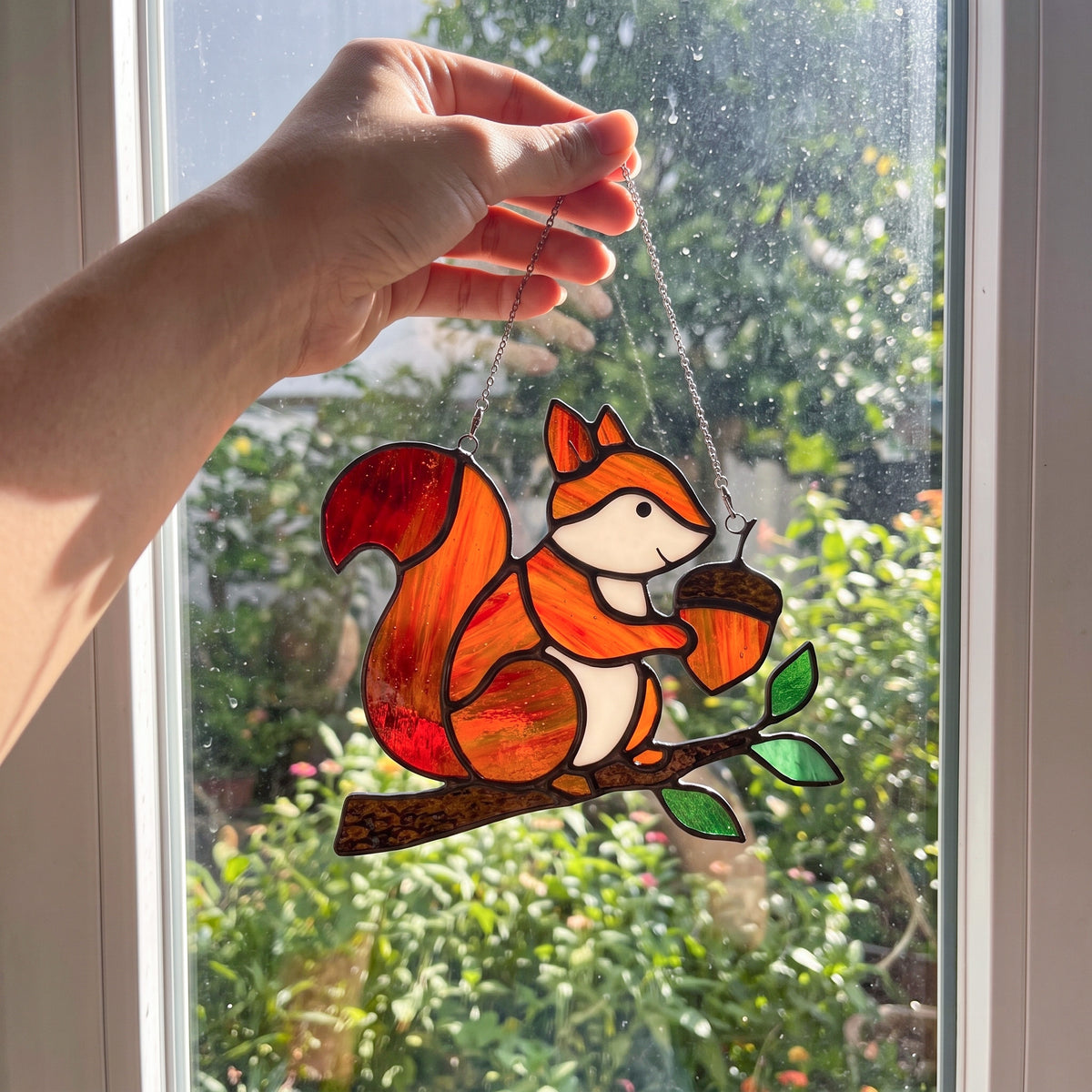 Whimsical Stained Glass Squirrel Suncatcher – Handcrafted Woodland Window & Car Decor