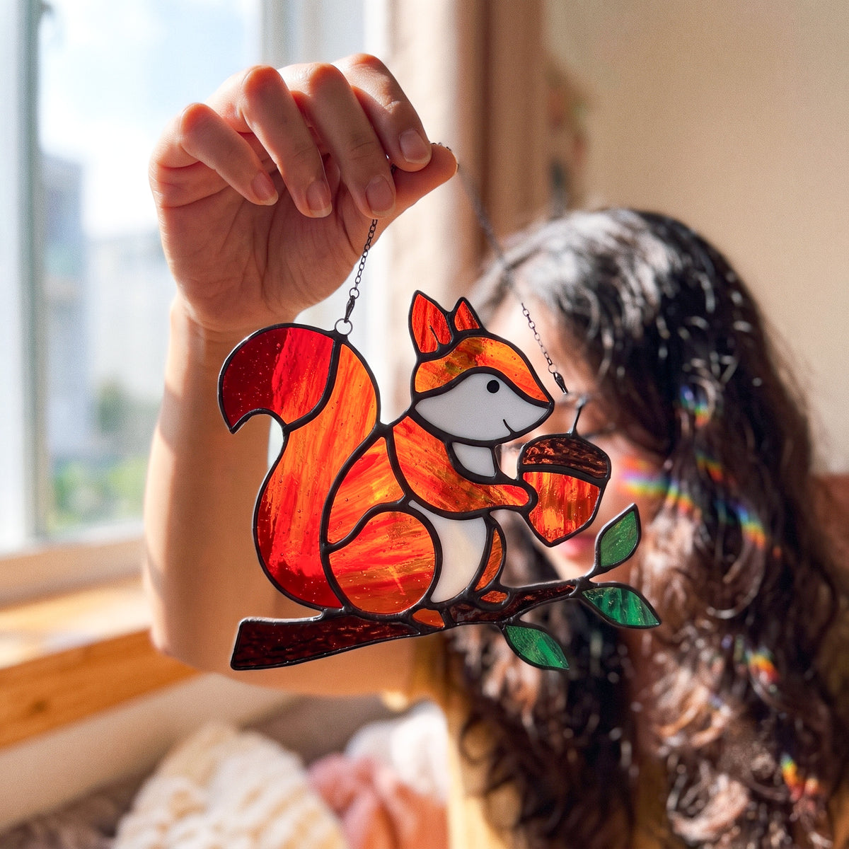 Whimsical Stained Glass Squirrel Suncatcher – Handcrafted Woodland Window & Car Decor