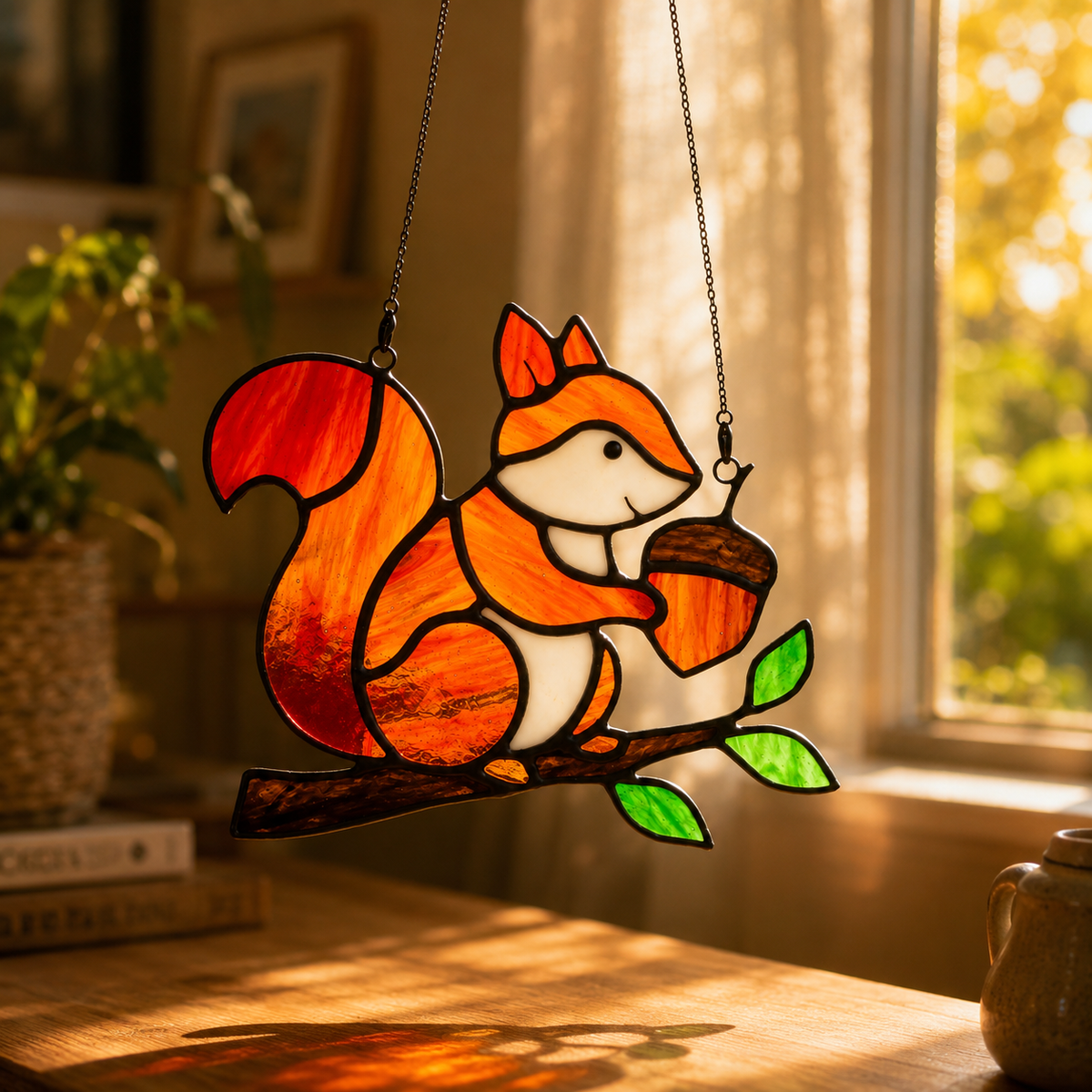 Whimsical Stained Glass Squirrel Suncatcher – Handcrafted Woodland Window & Car Decor