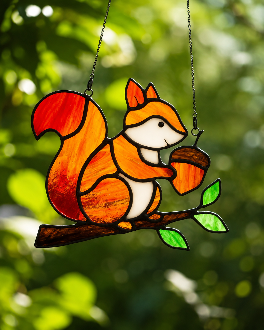 Whimsical Stained Glass Squirrel Suncatcher – Handcrafted Woodland Window & Car Decor