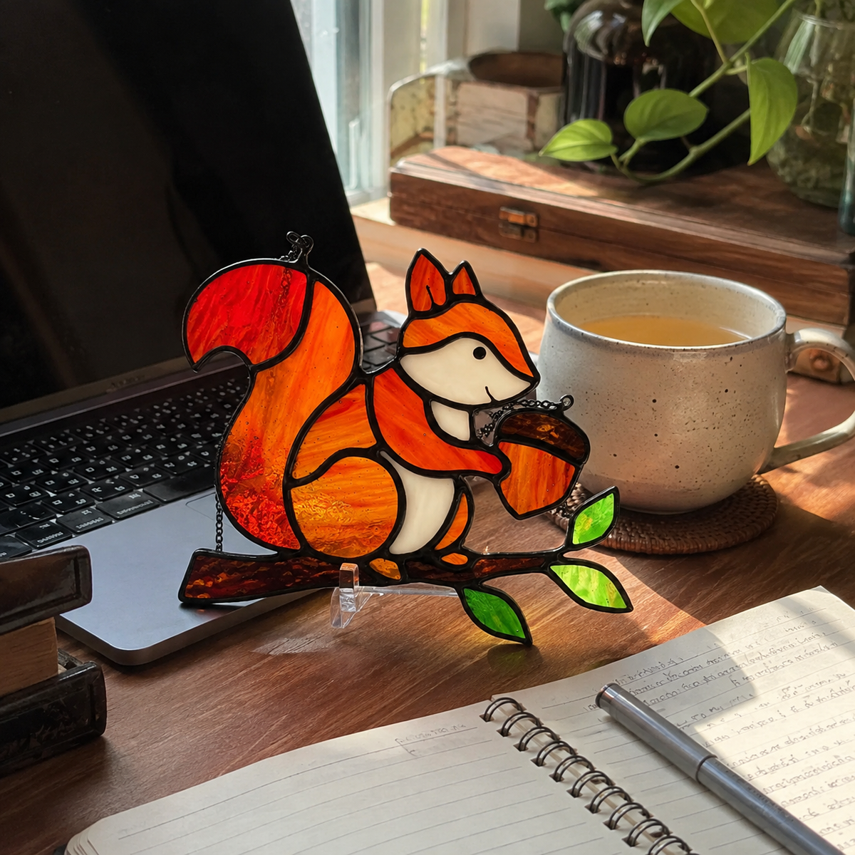 Whimsical Stained Glass Squirrel Suncatcher – Handcrafted Woodland Window & Car Decor