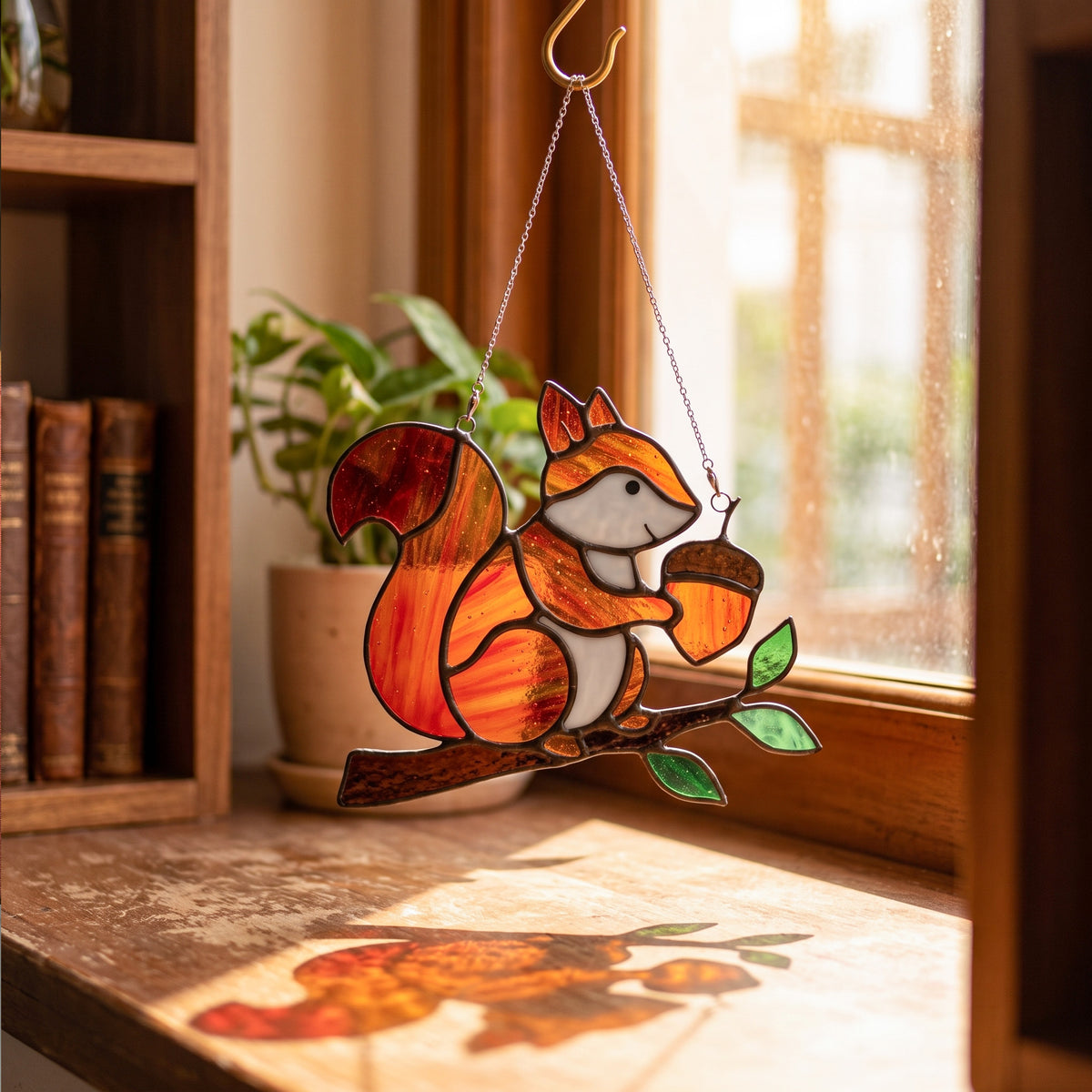 Whimsical Stained Glass Squirrel Suncatcher – Handcrafted Woodland Window & Car Decor