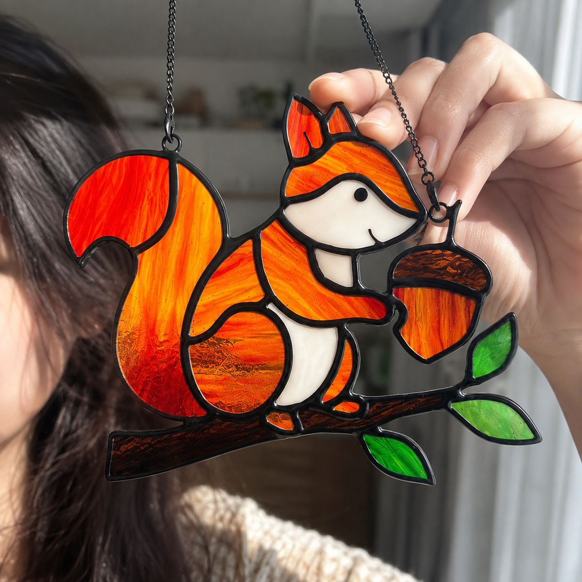 Whimsical Stained Glass Squirrel Suncatcher – Handcrafted Woodland Window & Car Decor