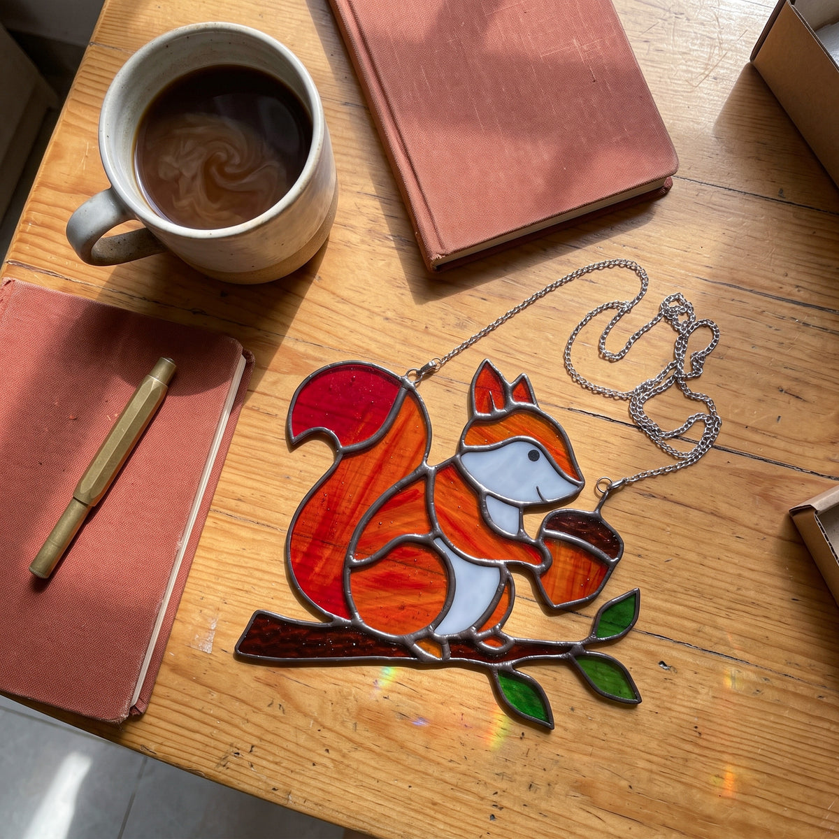Whimsical Stained Glass Squirrel Suncatcher – Handcrafted Woodland Window & Car Decor
