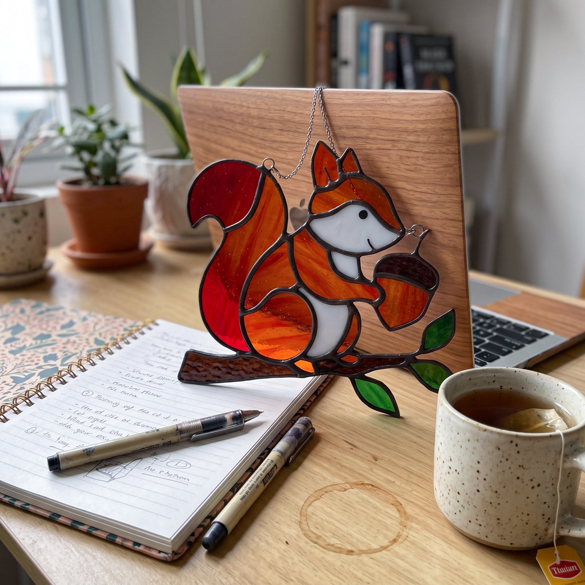 Whimsical Stained Glass Squirrel Suncatcher – Handcrafted Woodland Window & Car Decor