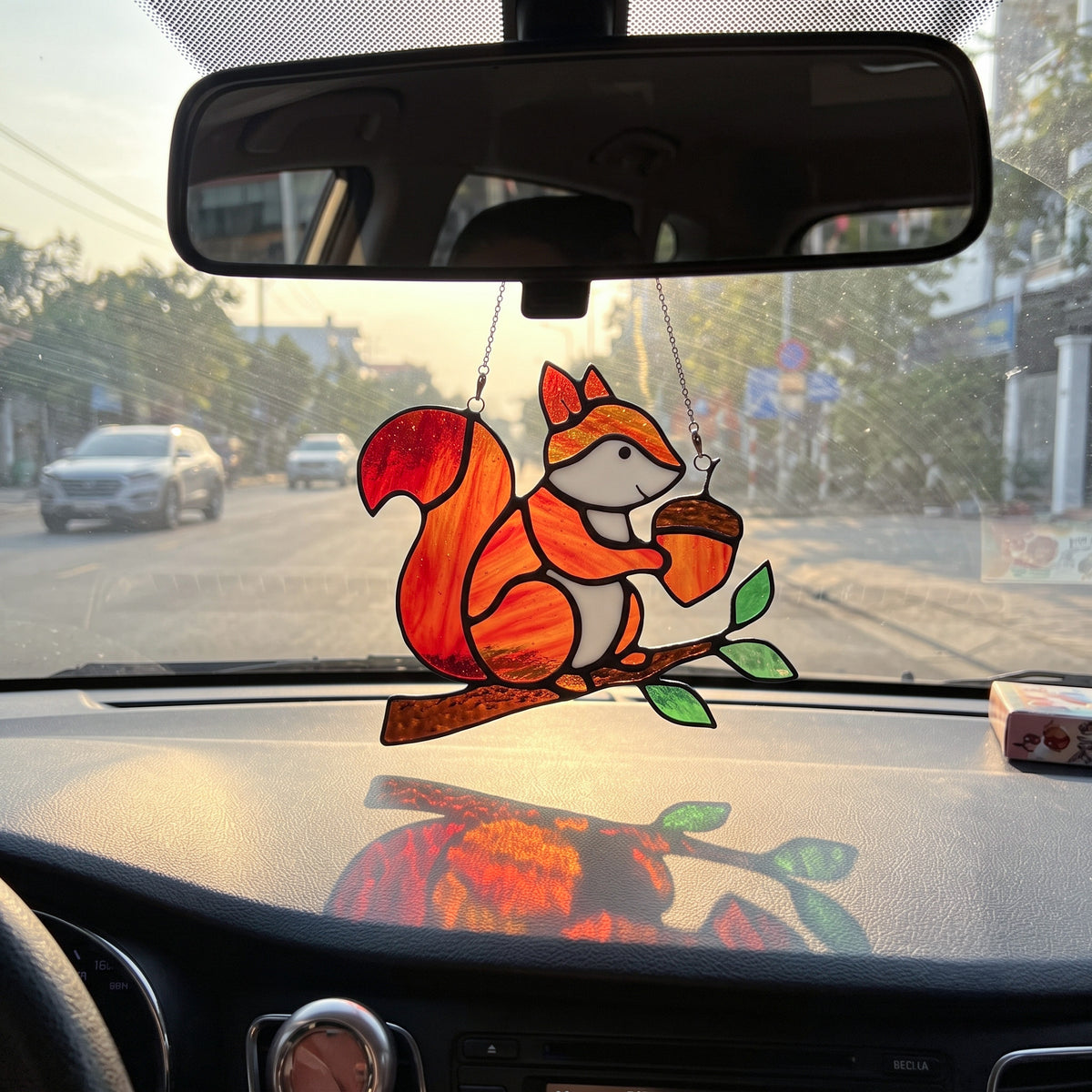 Whimsical Stained Glass Squirrel Suncatcher – Handcrafted Woodland Window & Car Decor