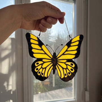Radiant Yellow Stained Glass Butterfly Suncatcher – Handcrafted Sunshine for Your Window