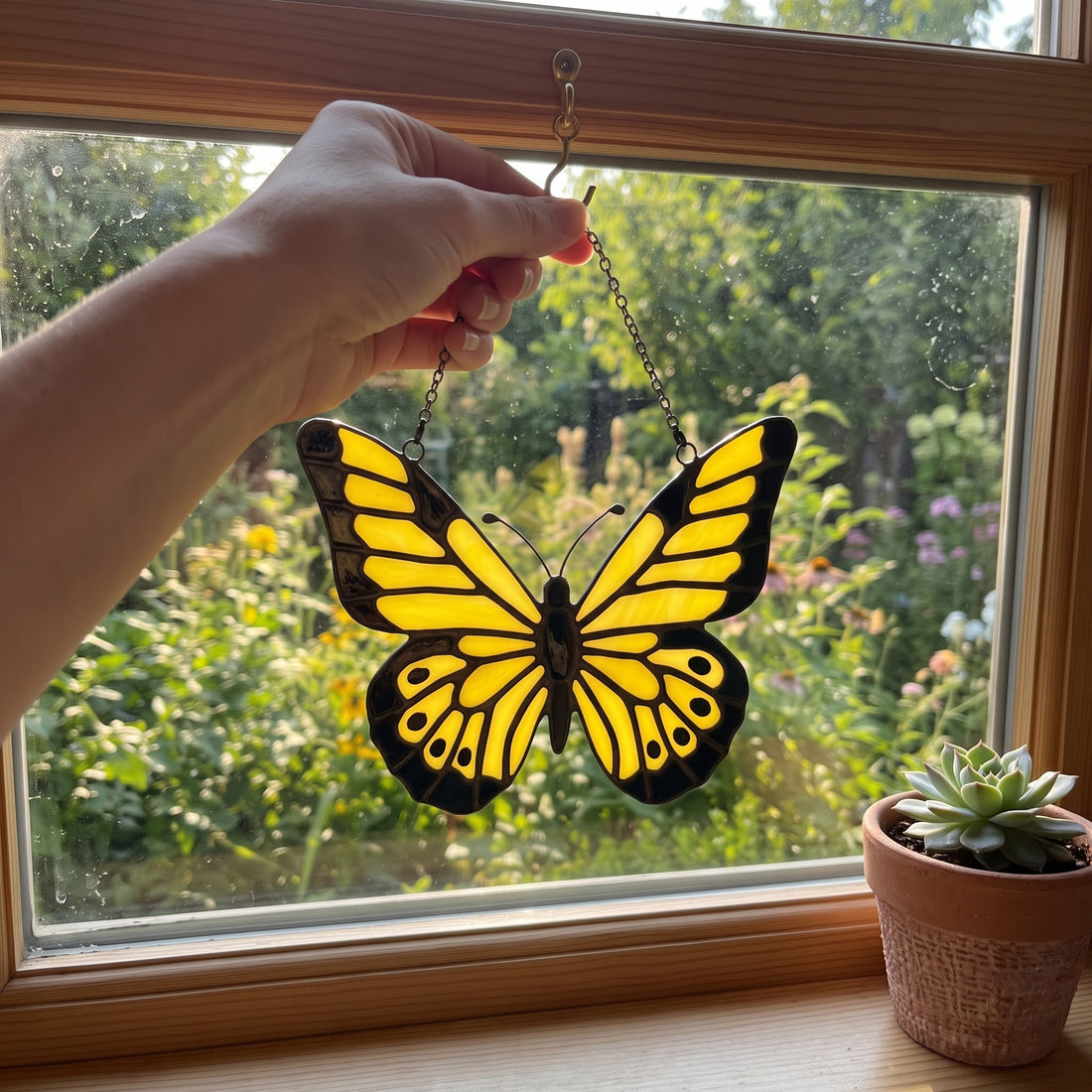 Radiant Yellow Stained Glass Butterfly Suncatcher – Handcrafted Sunshine for Your Window