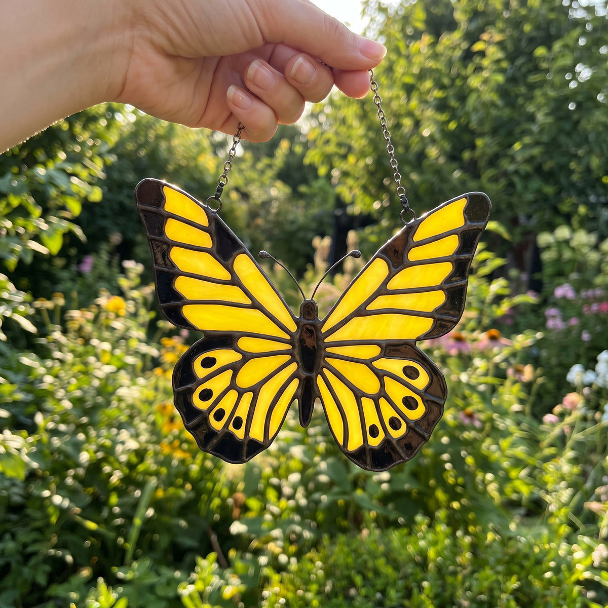 Radiant Yellow Stained Glass Butterfly Suncatcher – Handcrafted Sunshine for Your Window