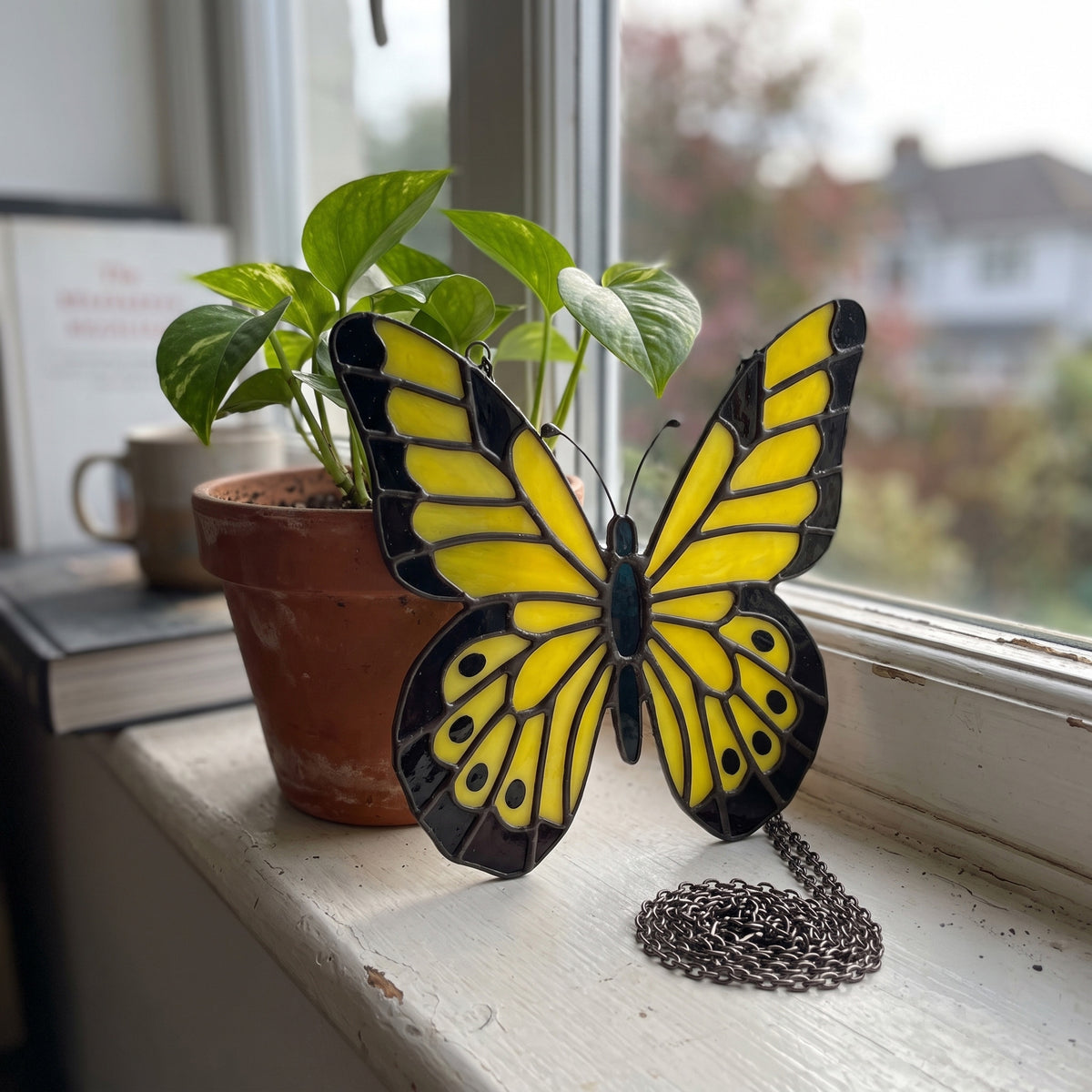 Radiant Yellow Stained Glass Butterfly Suncatcher – Handcrafted Sunshine for Your Window