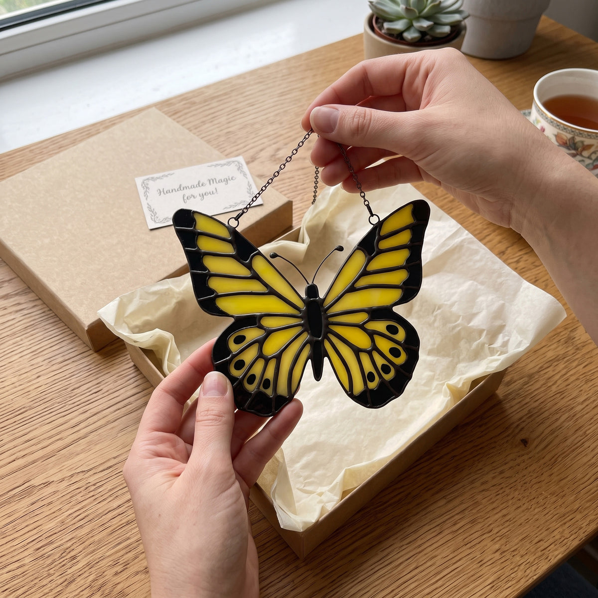 Radiant Yellow Stained Glass Butterfly Suncatcher – Handcrafted Sunshine for Your Window