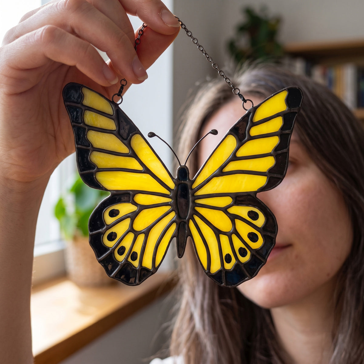 Radiant Yellow Stained Glass Butterfly Suncatcher – Handcrafted Sunshine for Your Window