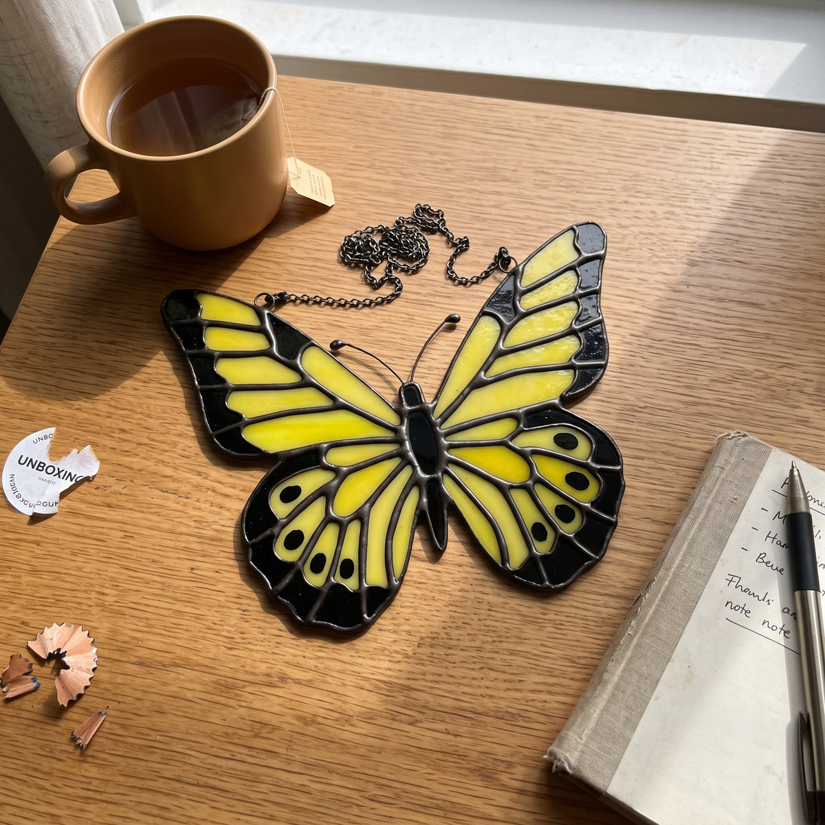 Radiant Yellow Stained Glass Butterfly Suncatcher – Handcrafted Sunshine for Your Window