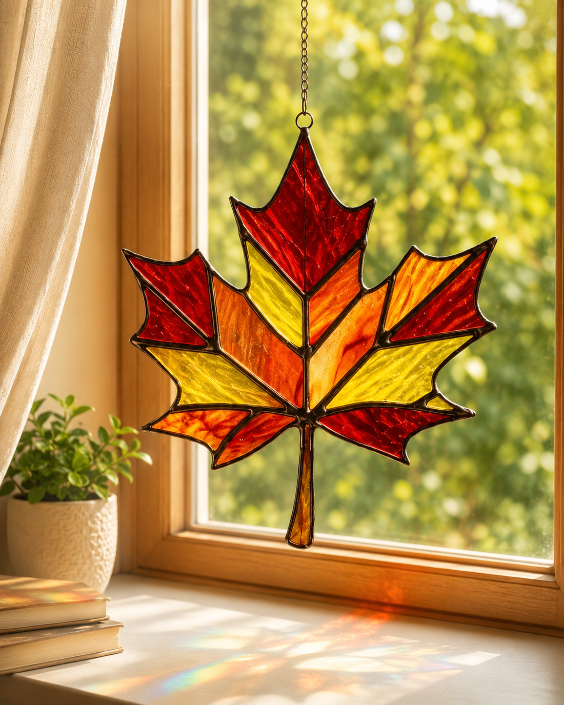Vibrant Autumn Stained Glass Maple Leaf Suncatcher