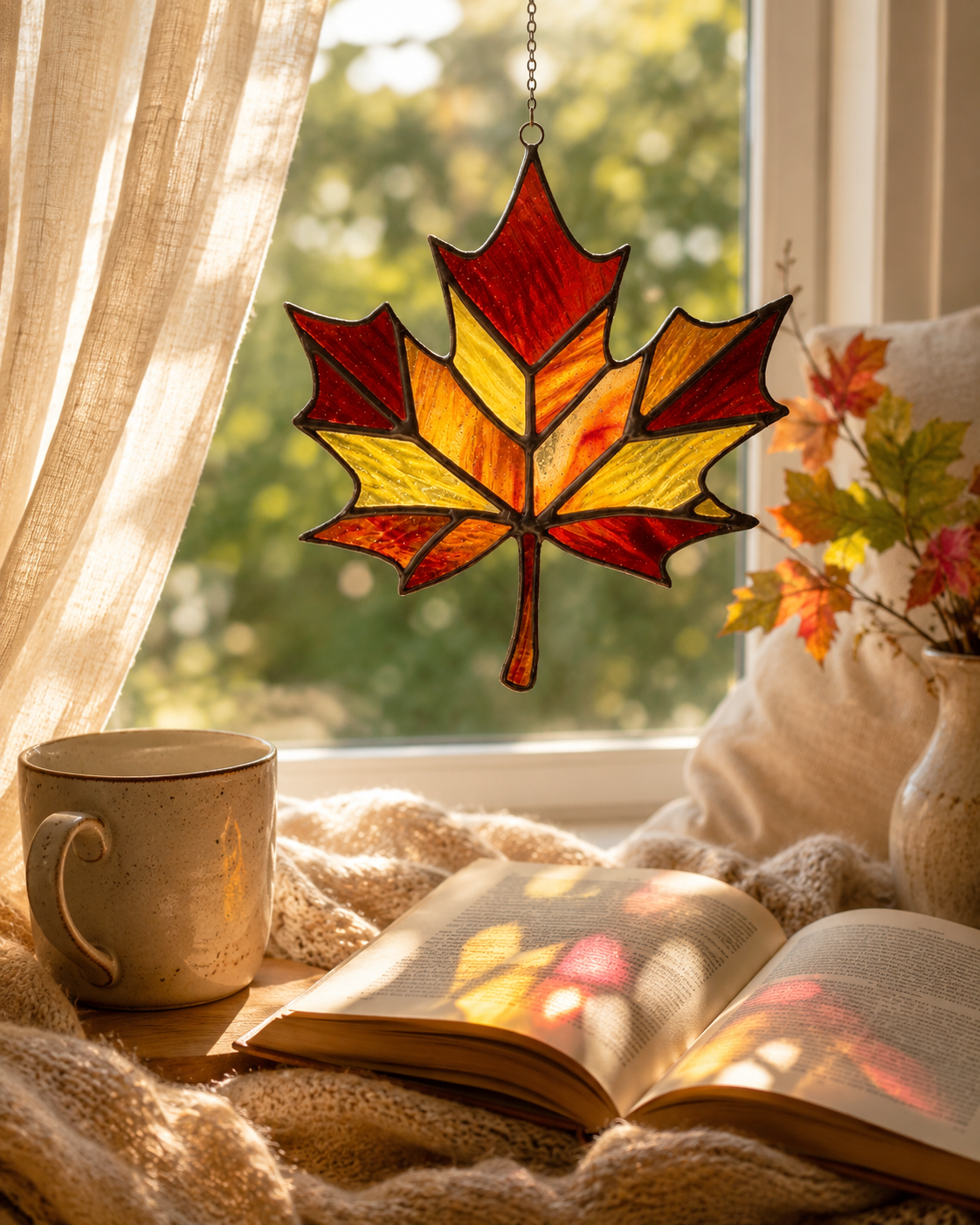 Vibrant Autumn Stained Glass Maple Leaf Suncatcher