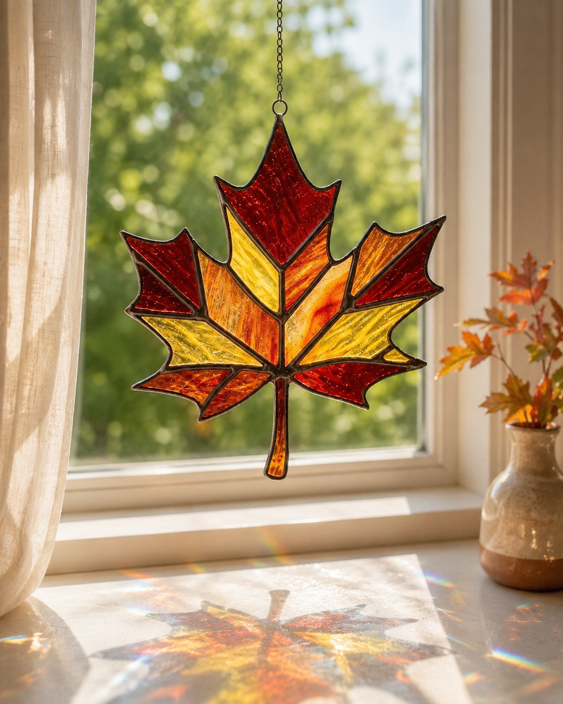 Vibrant Autumn Stained Glass Maple Leaf Suncatcher