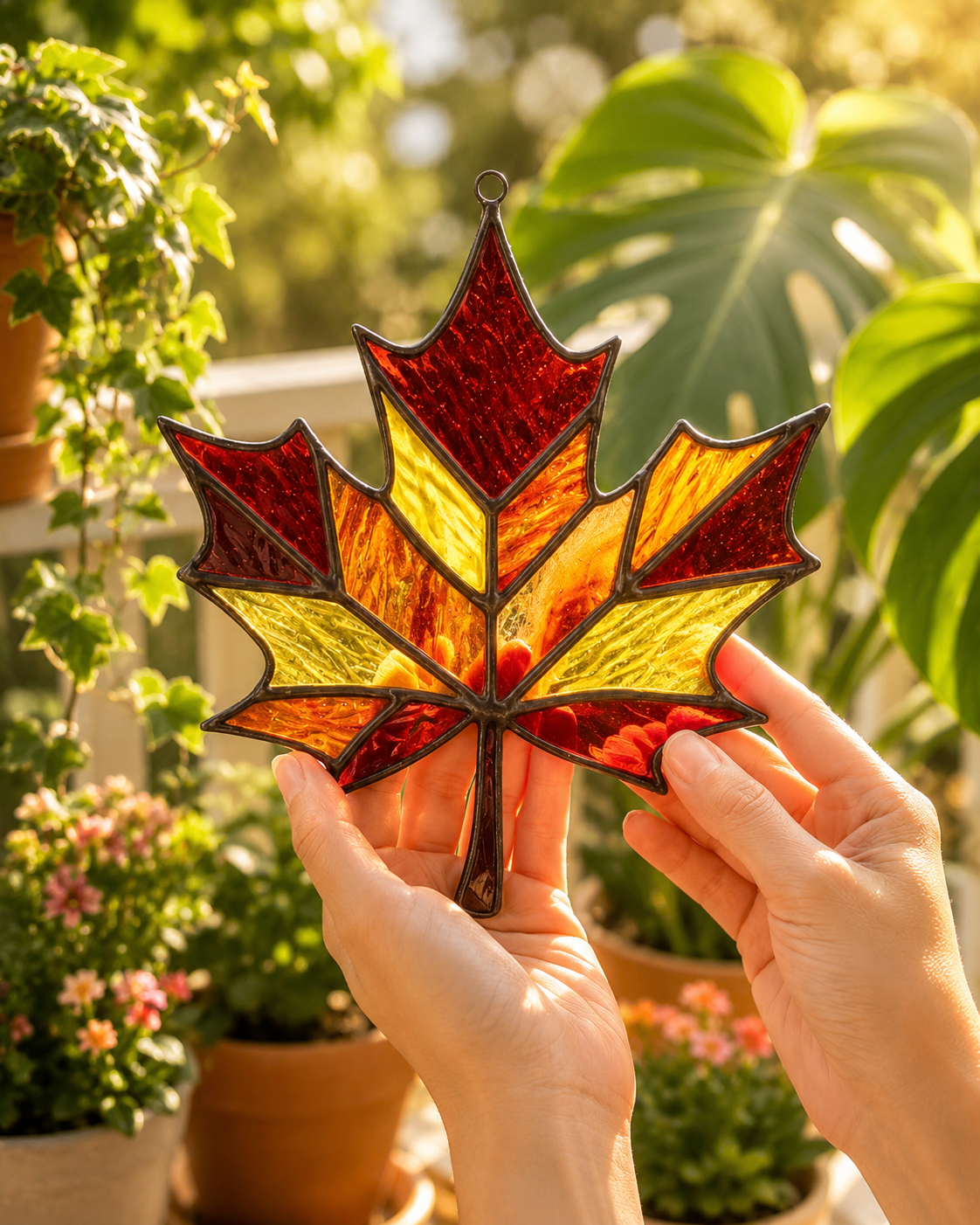 Vibrant Autumn Stained Glass Maple Leaf Suncatcher