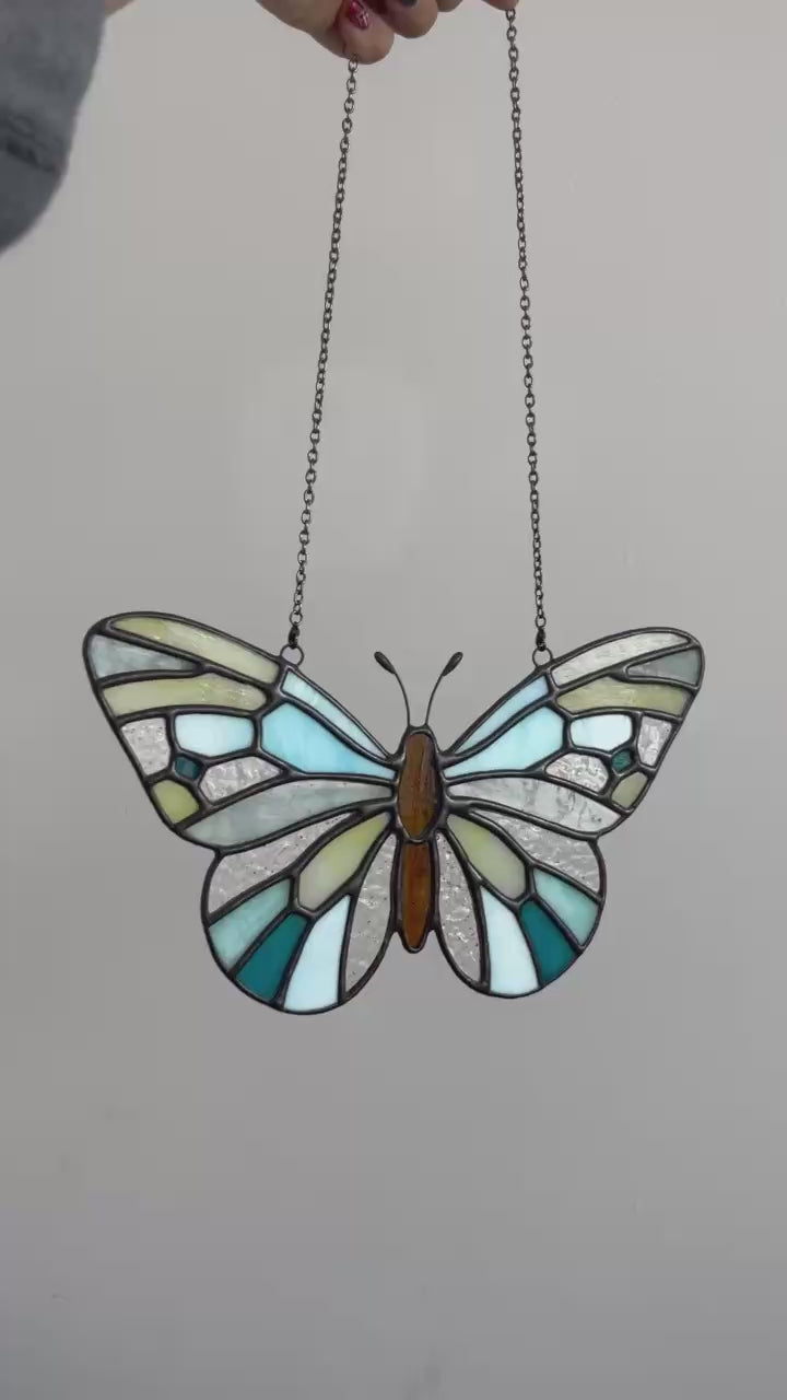 Ethereal Blue Stained Glass Butterfly Suncatcher