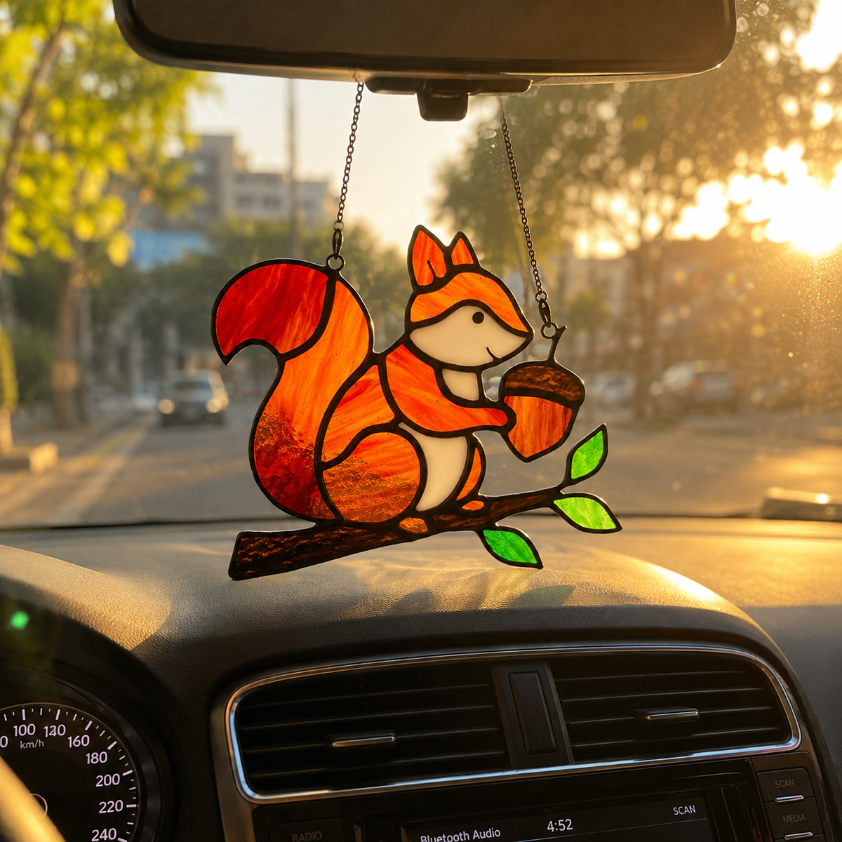 Whimsical Stained Glass Squirrel Suncatcher – Handcrafted Woodland Window & Car Decor