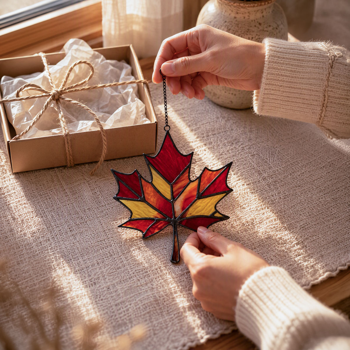 Vibrant Autumn Stained Glass Maple Leaf Suncatcher