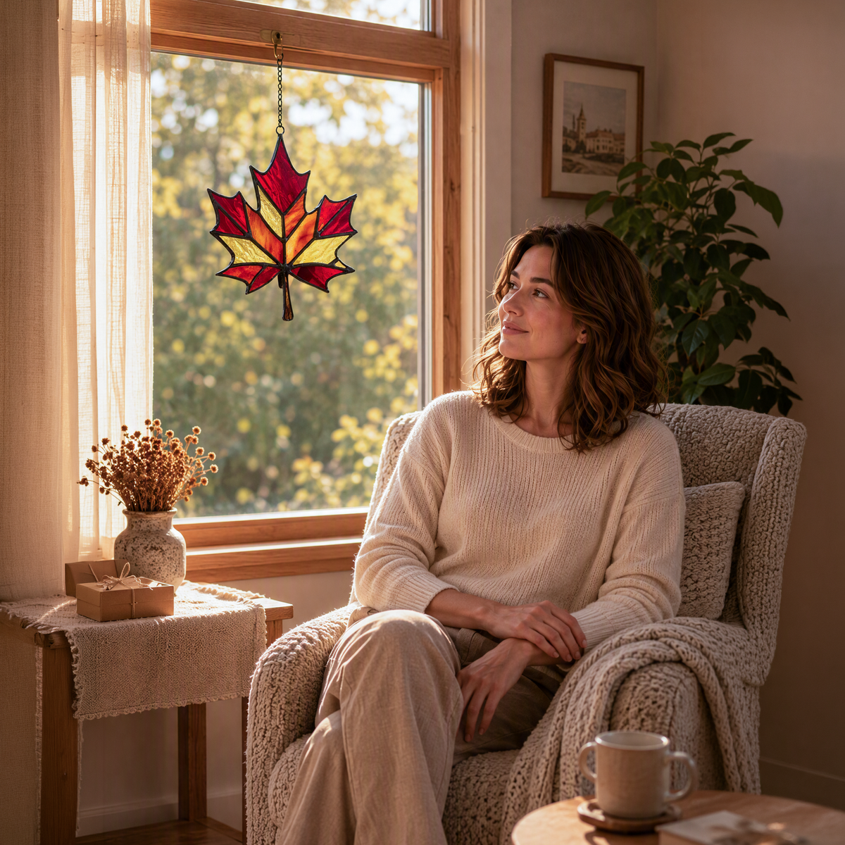 Vibrant Autumn Stained Glass Maple Leaf Suncatcher