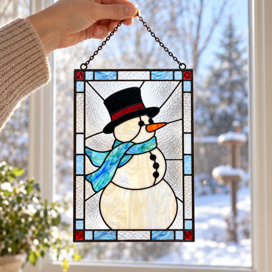 Handcrafted Stained Glass Snowman Suncatcher – Festive Winter Window Decor