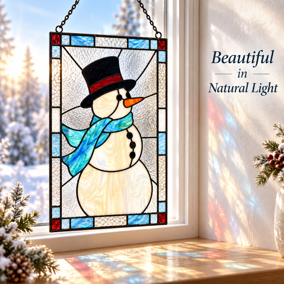 Handcrafted Stained Glass Snowman Suncatcher – Festive Winter Window Decor