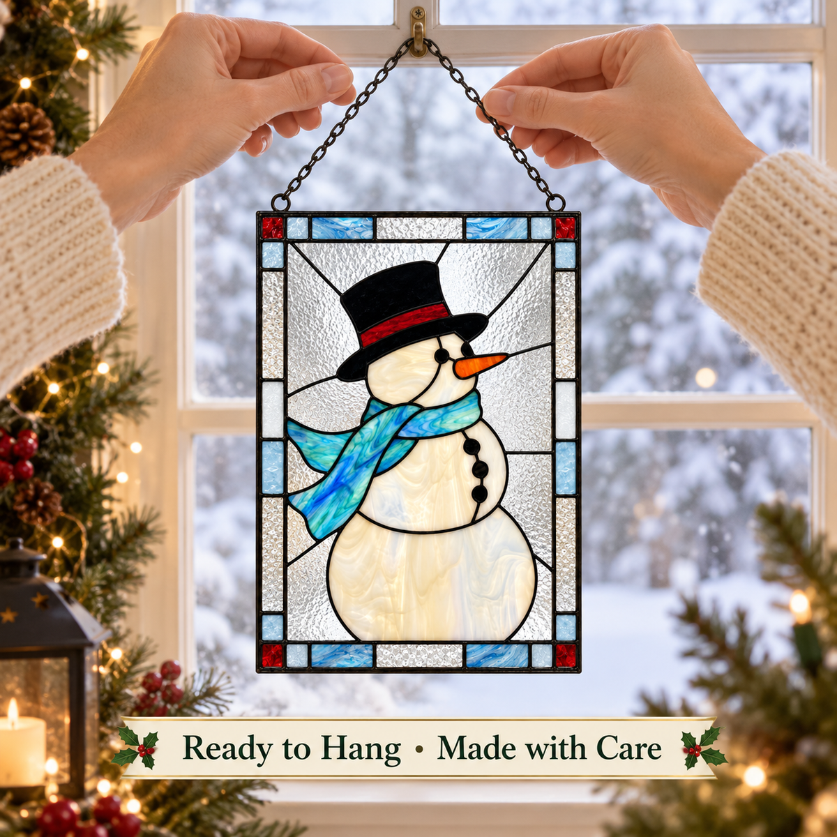 Handcrafted Stained Glass Snowman Suncatcher – Festive Winter Window Decor